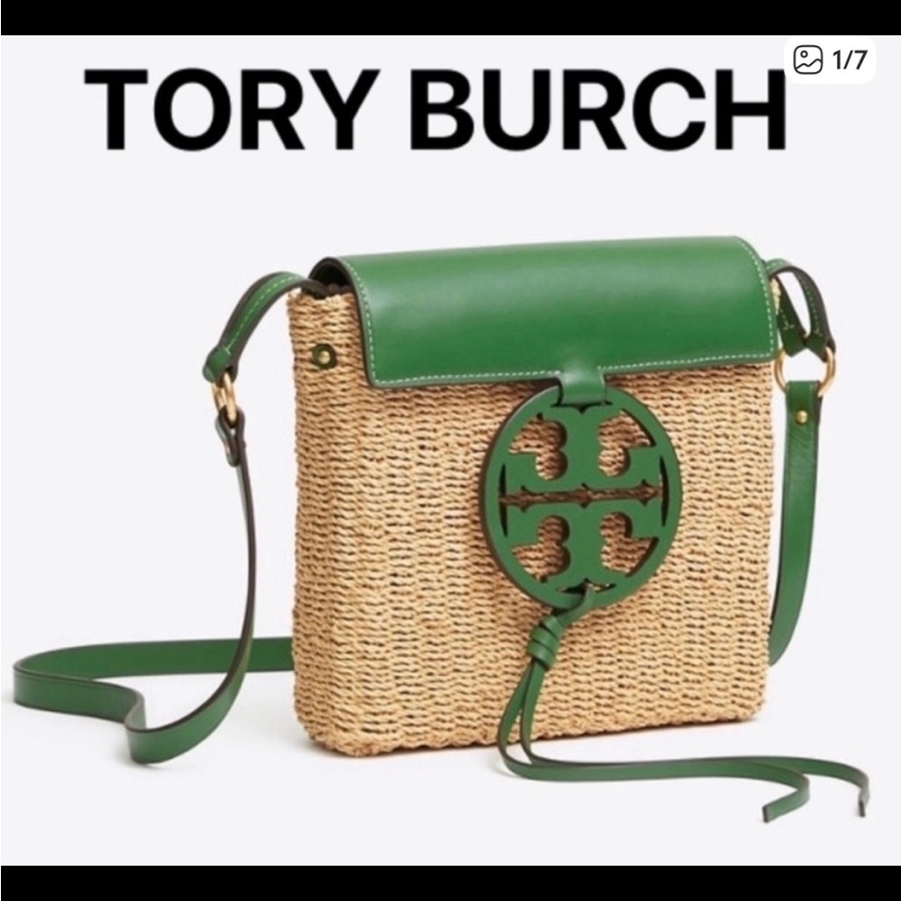 Tory Burch Natural Raffia Crossbody with Green Leather Trim